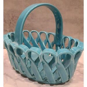 Dept. 56 Ceramic Woven Basket Turquoise Vintage Made In Italy 9" x 6" x 6.25"